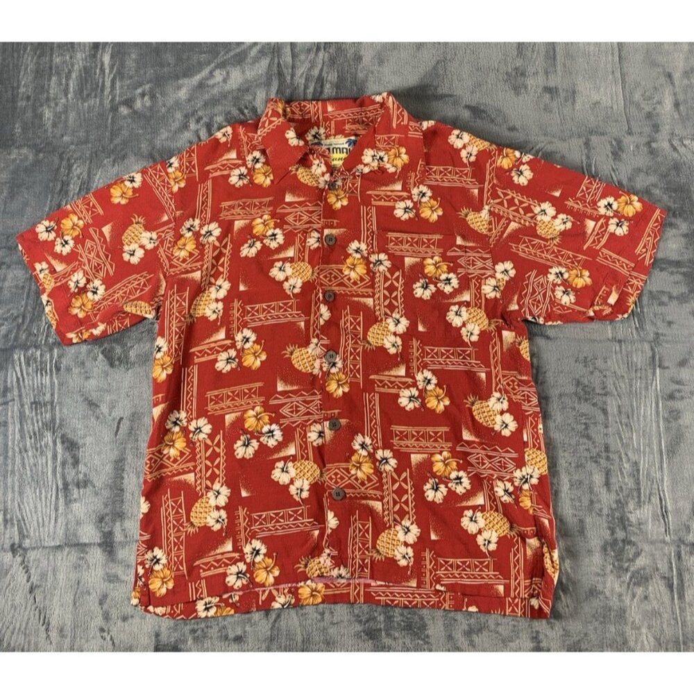 Vintage Old Maui Brand Shirt Men's M Hawaiian Red Floral Button Up Short Sleeve